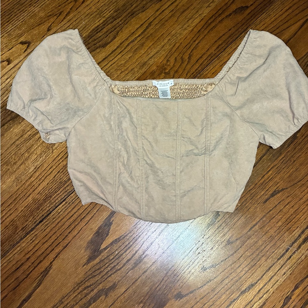 Kirious Los Angeles Tan Corset Puff Sleeve Crop Top‎ Smocked Back Small
